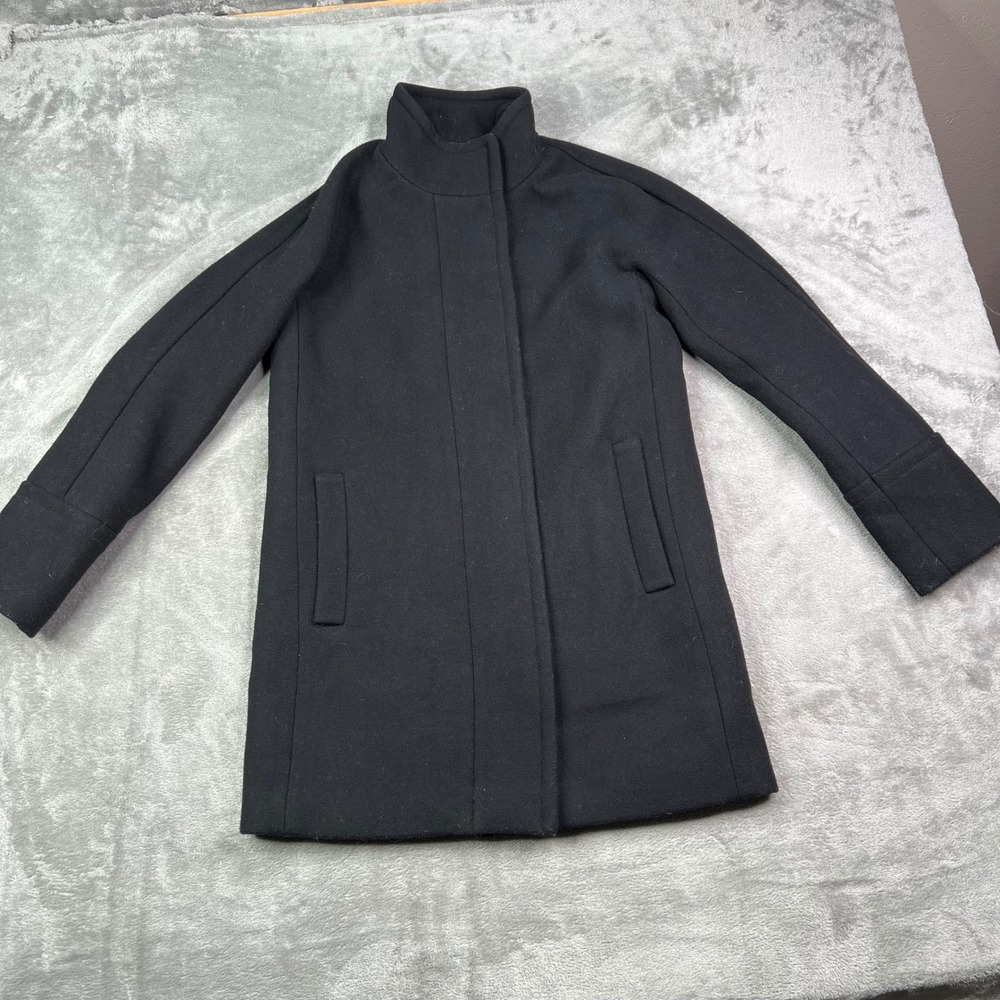 J.Crew City Coat Womens 2 Black Solid Wool Blend Zip Up Funnel Neck Preppy